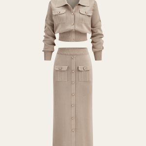 Metal Button Collared Cardigan and Midi Skirt Set