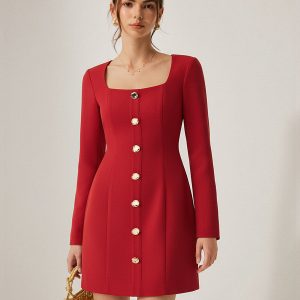 Square Neck Button Front Mini Dress