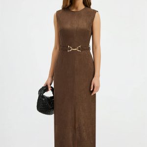Belted Suede Effect Sleeveless Midi Dress