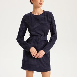 Long Sleeve Pinstripe Belted Mini Dress