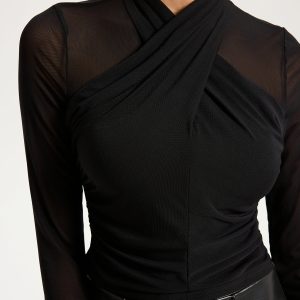 Cross-Front Sheer Mesh Long-Sleeve Top
