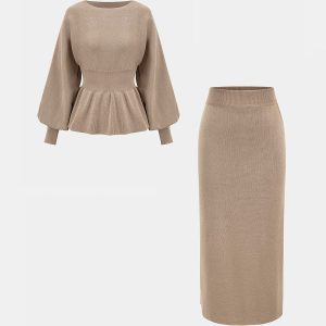 Knitted Peplum Top and Midi Skirt Set