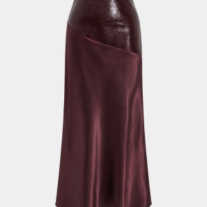 Faux Leather Panel Asymmetric Satin Maxi Skirt