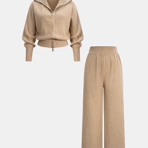 Knitted Zip-Up Jacket and Wide-Leg Pants Set