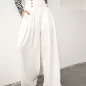 High-Waist Metal Detail Wide-Leg Pants