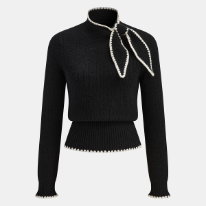 Mock Neck Tie Neck Contrast Stitch Sweater