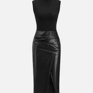 Faux Leather Panel Mock Neck Sleeveless Dress