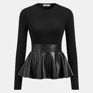 Faux Leather Peplum Long-Sleeve Top