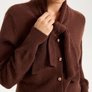 Tie-Neck Metal Button Knit Cardigan