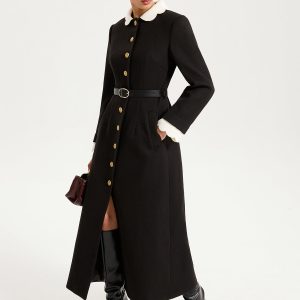 Contrast Collar Metal Button Longline Coat
