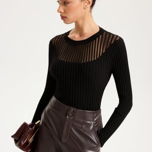 Sheer Panel Ribbed Knit Top