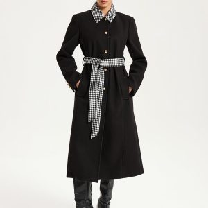 Belted Houndstooth Collar Long Coat