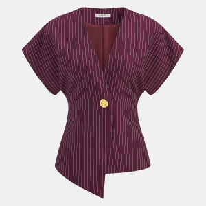 Striped V-Neck Blouse with Metal Button