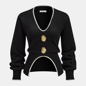 Buttoned Contrast Fringe Split Sweater