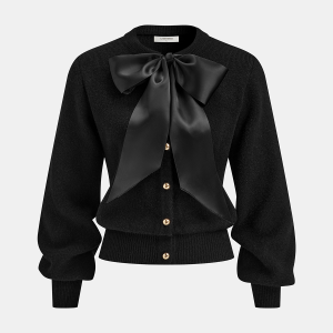 Bow Detail Metal Button Knit Cardigan