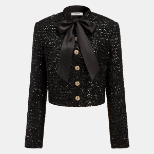 Bow Detail Sequined Tweed Cropped Jacket