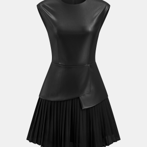 Pleated Panel Sleeveless PU Leather Dress