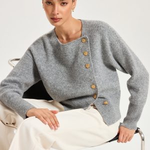 Asymmetric Metal Button Wool-Blend Cardigan