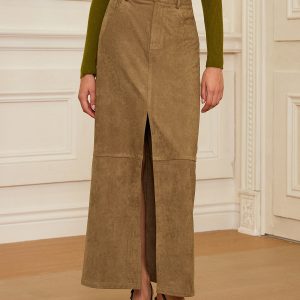 Suede Effect Slit-Front Maxi Skirt