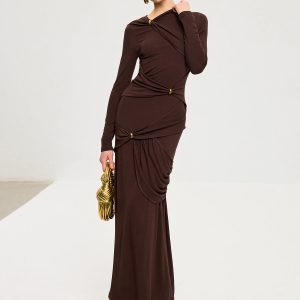 Metal Detail Long Sleeve Draped Maxi Dress