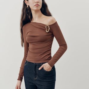 Off-Shoulder Fitted Ruched Long Sleeve Top