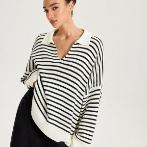 Striped Polo V-Neck Knit Top