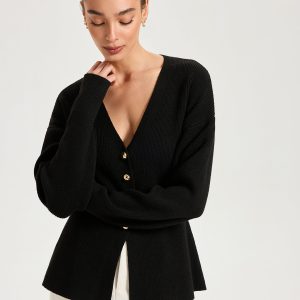 Wool-Blend V-Neck Button Cardigan