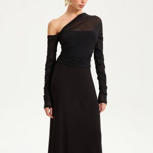 One-Shoulder Sheer Ruched Long Sleeve Maxi Dress