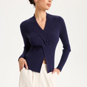 Twisted V-Neck Ribbed Knit Top