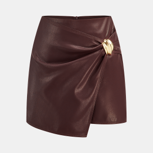 Metal Buckle Asymmetric Faux Leather Mini Skirt