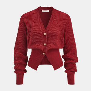 Scalloped Edge Ribbed V-Neck Buttoned Cardigan