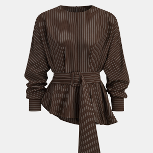 Belted Pinstripe Asymmetric Blouse
