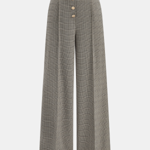 High-Waist Button Detail Plaid Wide-Leg Pants