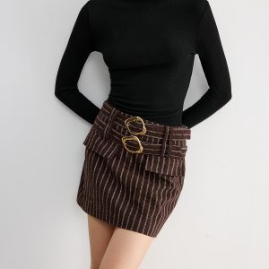 Double Belt Striped Mini Skirt