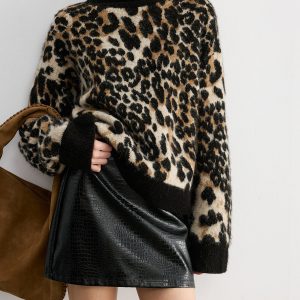 Wool Blend Leopard Turtleneck Knit Top