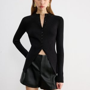 Button-Front Long-Sleeve Rib-Knit Top
