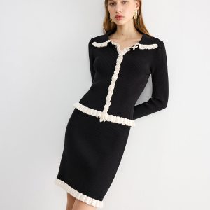 Contrast Ruffled Knit Top and Mini Skirt Set
