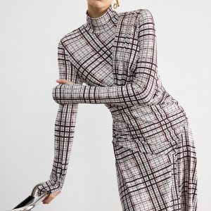Checked Long-Sleeve Mock Neck Maxi Dress