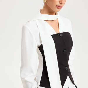 2 in 1 Contrast Panel Tie-Neck Blouse