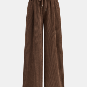 Mid-Waist Corduroy Wide-Leg Drawstring Pants