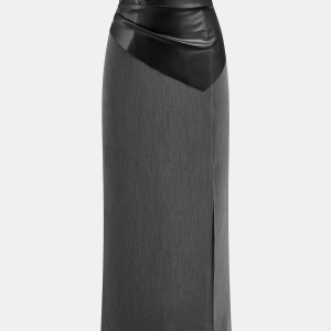 Faux Leather Paneled Slit Midi Skirt