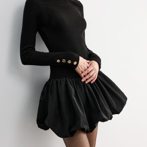 Bubble Hem Long-Sleeve Knit Mini Dress