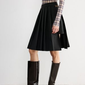 Horsebit Pleated Midi Skirt