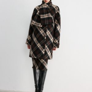 Plaid Wool-Blend Coat with Matching Scarf
