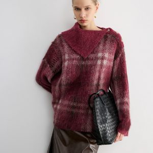 Wool Blend Plaid Asymmetric Collar Buttoned Sweater