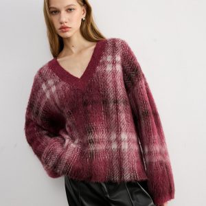 Plaid V-Neck Wool-Blend Sweater