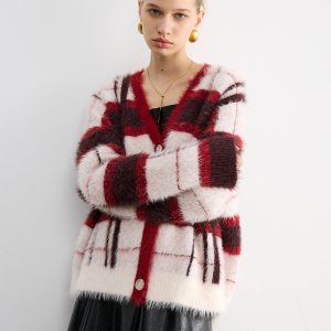Knit Fluffy Checkered Cardigan