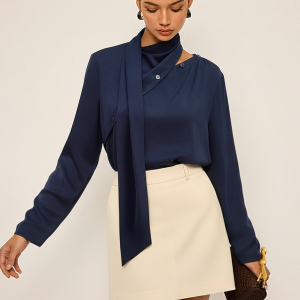 Asymmetric Tie-Neck Button Detail Satin Blouse