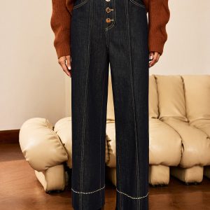 High-Waist Button Wide-Leg Denim Pants