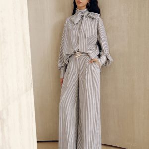 Belted Striped High-Waisted Wide-Leg Pants